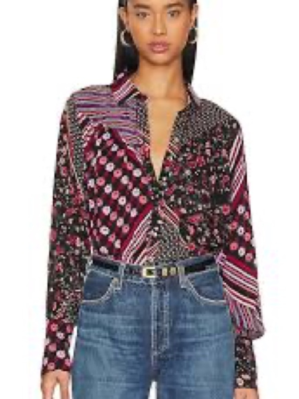 Free People Black Patchwork Floral Button-Up Blouse with Pink and Red Accents